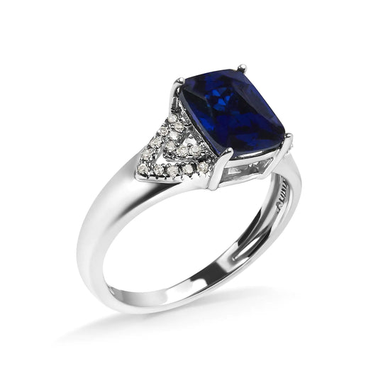 .925 Sterling Silver 9X7 mm Cushion Cut Blue Sapphire and White Diamond Step up Engagement Ring (I-J Color, I3 Clarity) - Glide Goods LLC