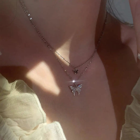 Butterfly Double Layer Chain Necklace - Glide Goods LLC