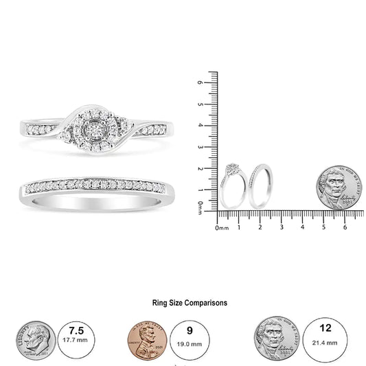 .925 Sterling Silver 1/4 Cttw Diamond Halo and Swirl Engagement Ring and Wedding Band Set (I-J Color, I3 Clarity) - Glide Goods LLC