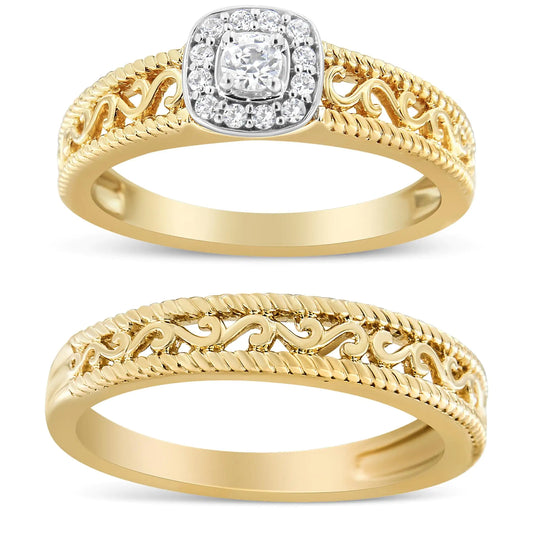 14K Yellow Gold Plated .925 Sterling Silver 1/5 Cttw Diamond Halo and Milgrain Finish Engagement Ring Bridal Set (I-J Color I3 Clarity) - Glide Goods LLC