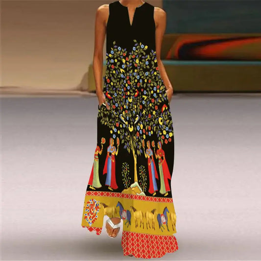 V-Neck Sleeveless Pocket Dress with Digital Print - Glide Goods LLC