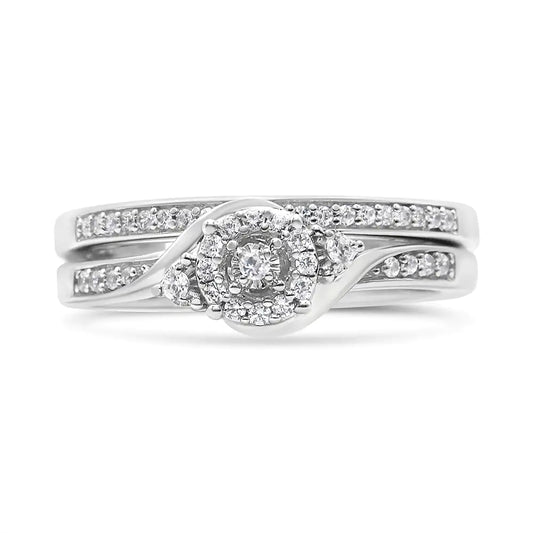 .925 Sterling Silver 1/4 Cttw Diamond Halo and Swirl Engagement Ring and Wedding Band Set (I-J Color, I3 Clarity) - Glide Goods LLC