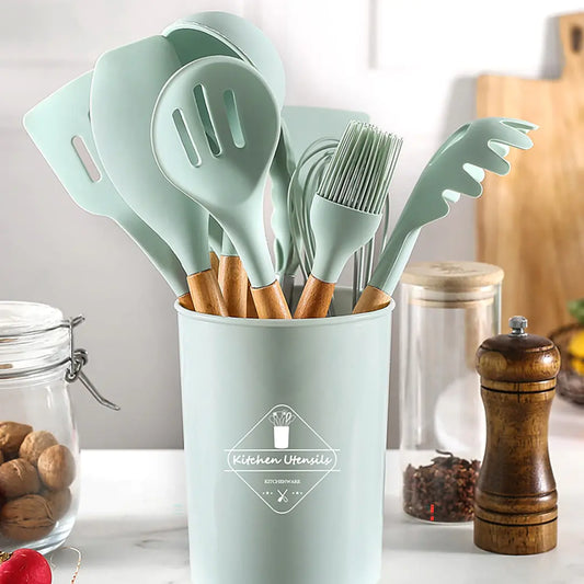 5/12pc Kitchen Utensil Set Wooden Handle - Glide Goods LLC