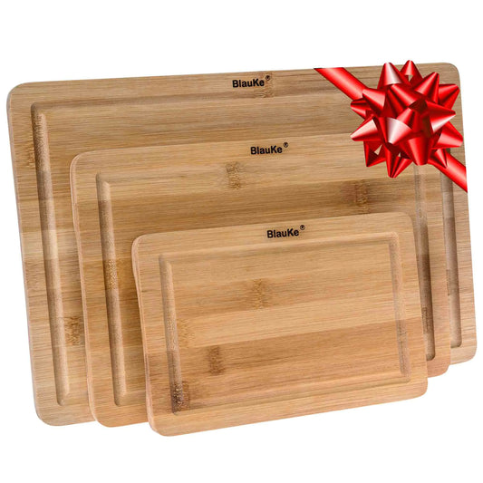 Wooden Cutting Boards for Kitchen with Juice Groove and Handles - Bamboo Chopping Boards Set of 3 - Wood Serving Trays - Glide Goods LLC