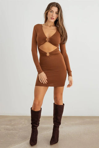 O-Ring Detail Cut-Out Long Sleeve Mini Dress