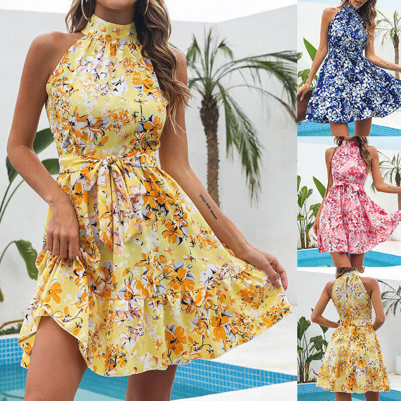 New Flowers Print Halterneck Dress Summer, Women - Glide Goods LLC