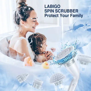 LABIGO Electric Spin Scrubber , Shower Cleaning Brush, Power Scrubber for Cleaning Bathroom Bathtub Kitchenwith 4 Replaceable Brush Heads