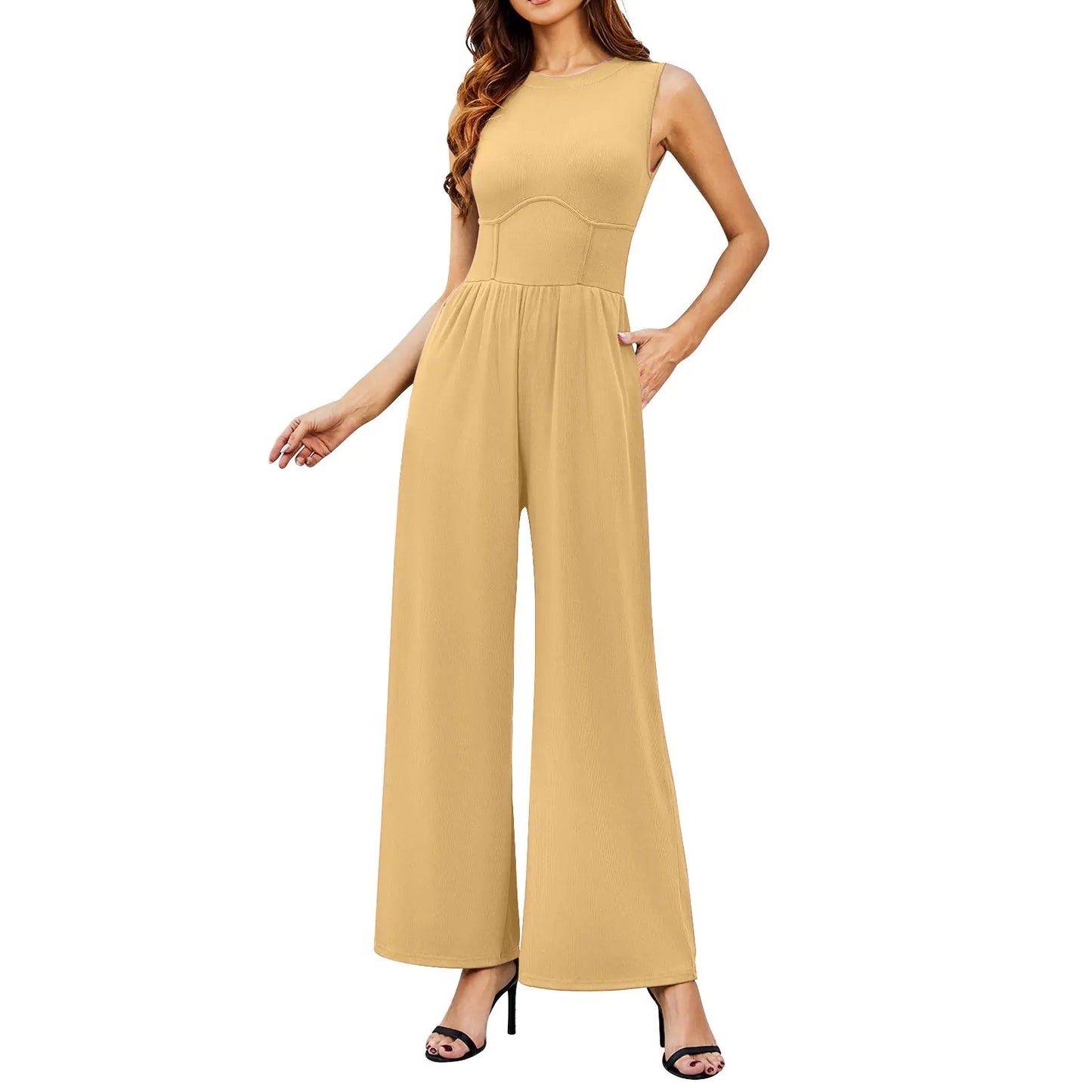 Women's Sleeveless Ribbed Jumpsuit with Wide Legs (One Piece) - Glide Goods LLC