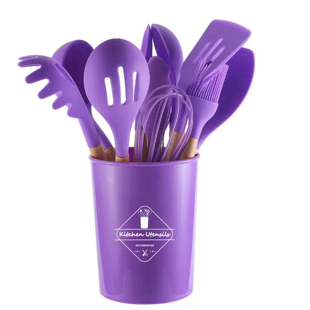 5/12pc Kitchen Utensil Set Wooden Handle - Glide Goods LLC
