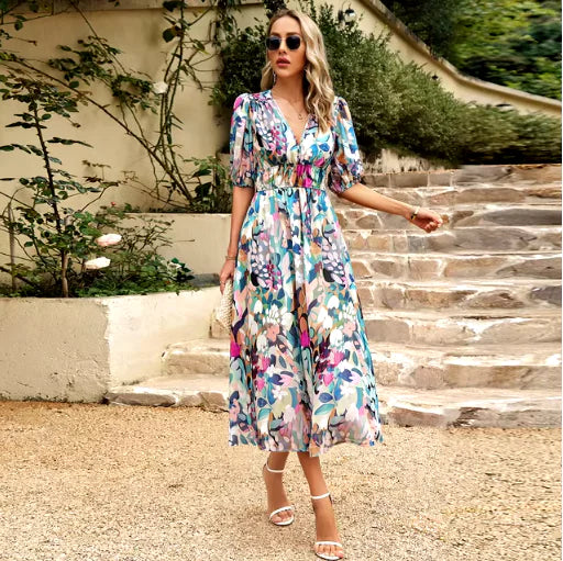 New V-neck Printed Short-sleeved Long Dress Summer Fashion Slim Seaside Vacation Beach Dresses For Women Clothing - Glide Goods LLC