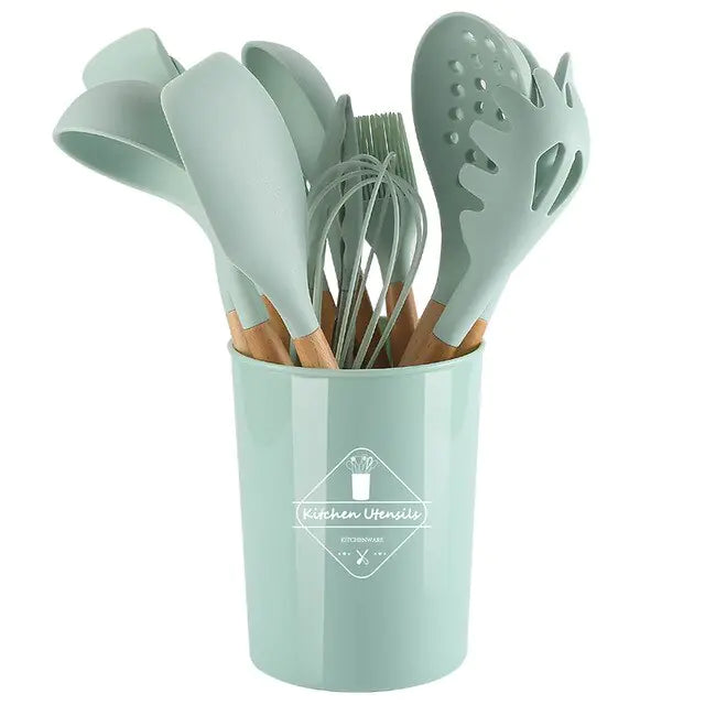 5/12pc Kitchen Utensil Set Wooden Handle - Glide Goods LLC