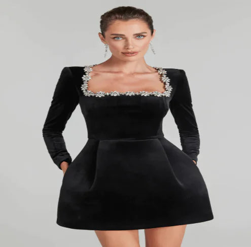 Chloe™ Elegant Summer Long Sleeve Dress with Rhinestones - Glide Goods LLC