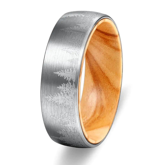 Silver Etched Tree Line and Olive Wood Tungsten Ring - Glide Goods LLC