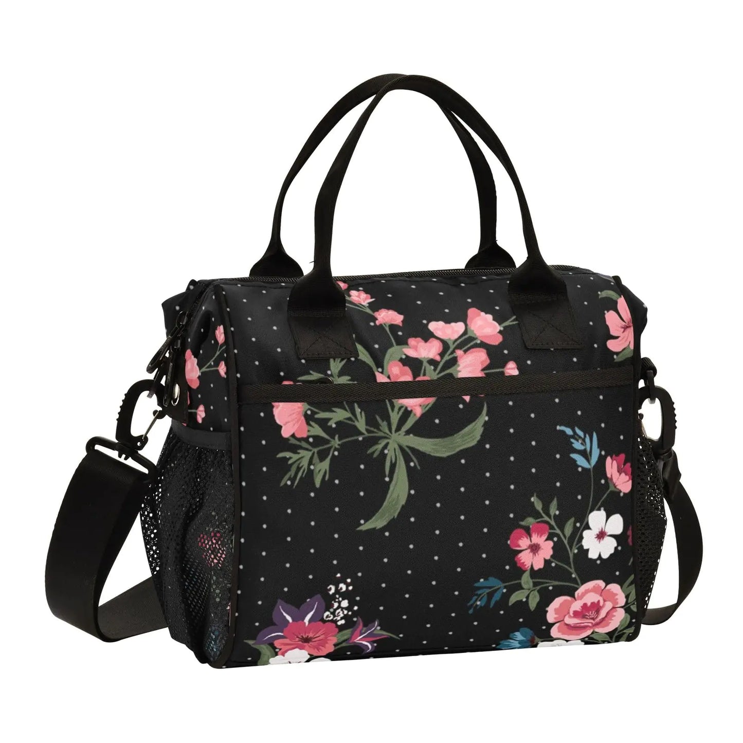 Women Cooler Bags Lunch Bag Reusable Insulated Lunch Bags Rose Dots Floral Black Crossbody with Shoulder Strap Adults S - Glide Goods LLC