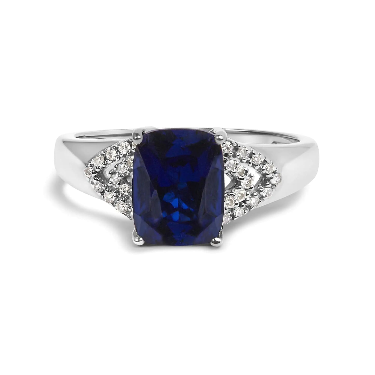 .925 Sterling Silver 9X7 mm Cushion Cut Blue Sapphire and White Diamond Step up Engagement Ring (I-J Color, I3 Clarity) - Glide Goods LLC