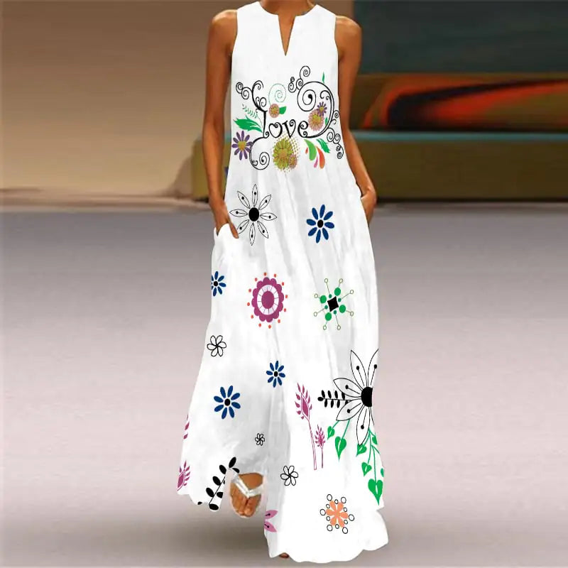 V-Neck Sleeveless Pocket Dress with Digital Print - Glide Goods LLC