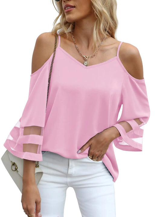 Jouica Cold Shoulder Tops for Women Womens Tops Dressy Casual Summer Tops for WomenLight PinkX-Large - Glide Goods LLC