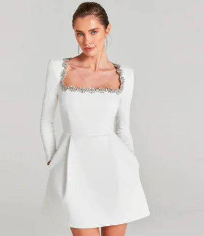 Chloe™ Elegant Summer Long Sleeve Dress with Rhinestones - Glide Goods LLC