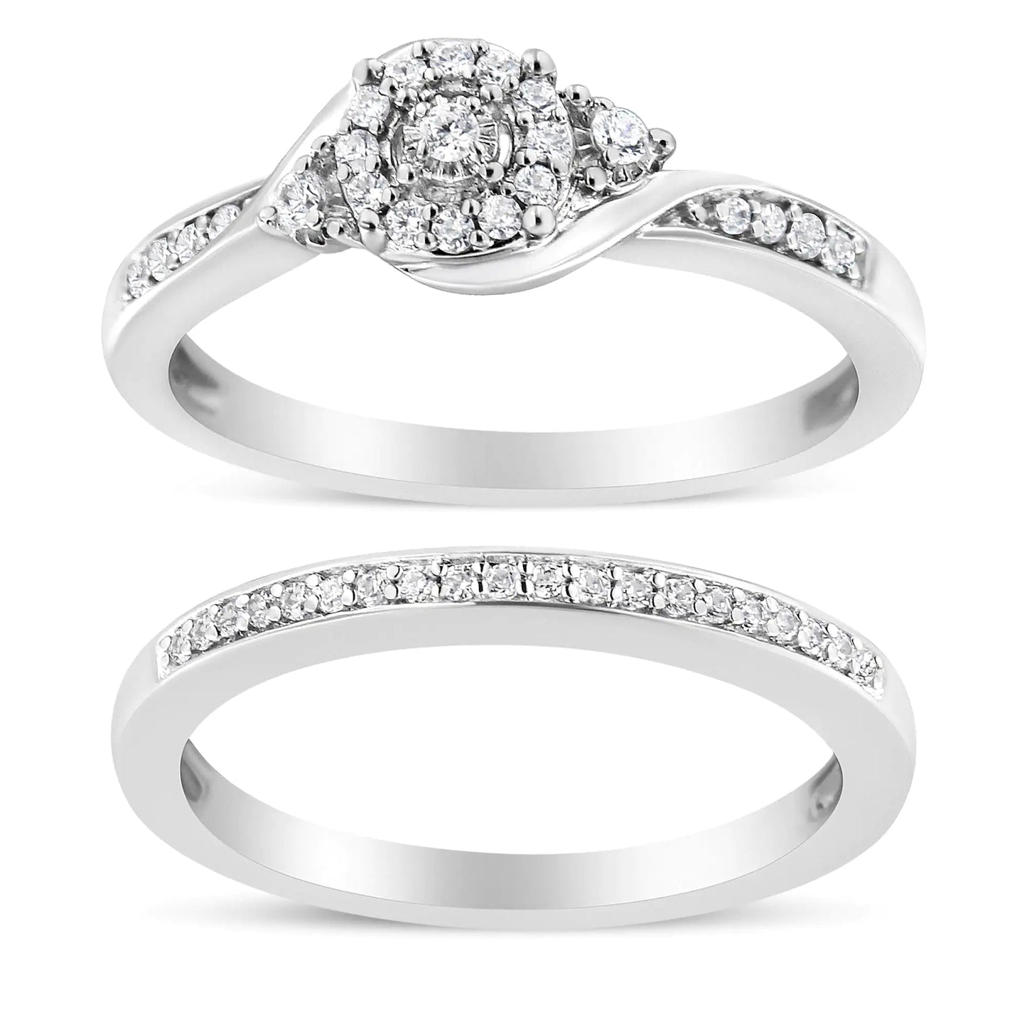 .925 Sterling Silver 1/4 Cttw Diamond Halo and Swirl Engagement Ring and Wedding Band Set (I-J Color, I3 Clarity) - Glide Goods LLC