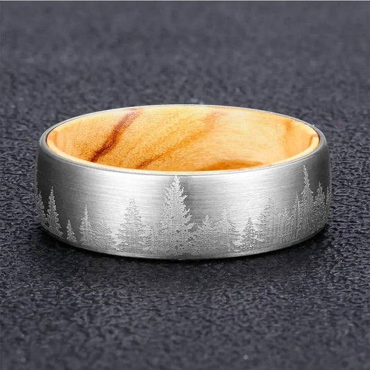 Silver Etched Tree Line and Olive Wood Tungsten Ring - Glide Goods LLC