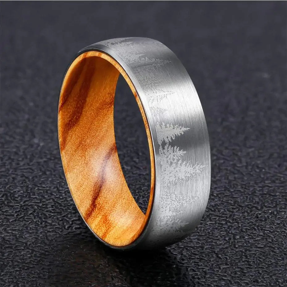 Silver Etched Tree Line and Olive Wood Tungsten Ring - Glide Goods LLC