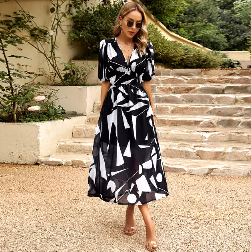 New V-neck Printed Short-sleeved Long Dress Summer Fashion Slim Seaside Vacation Beach Dresses For Women Clothing - Glide Goods LLC