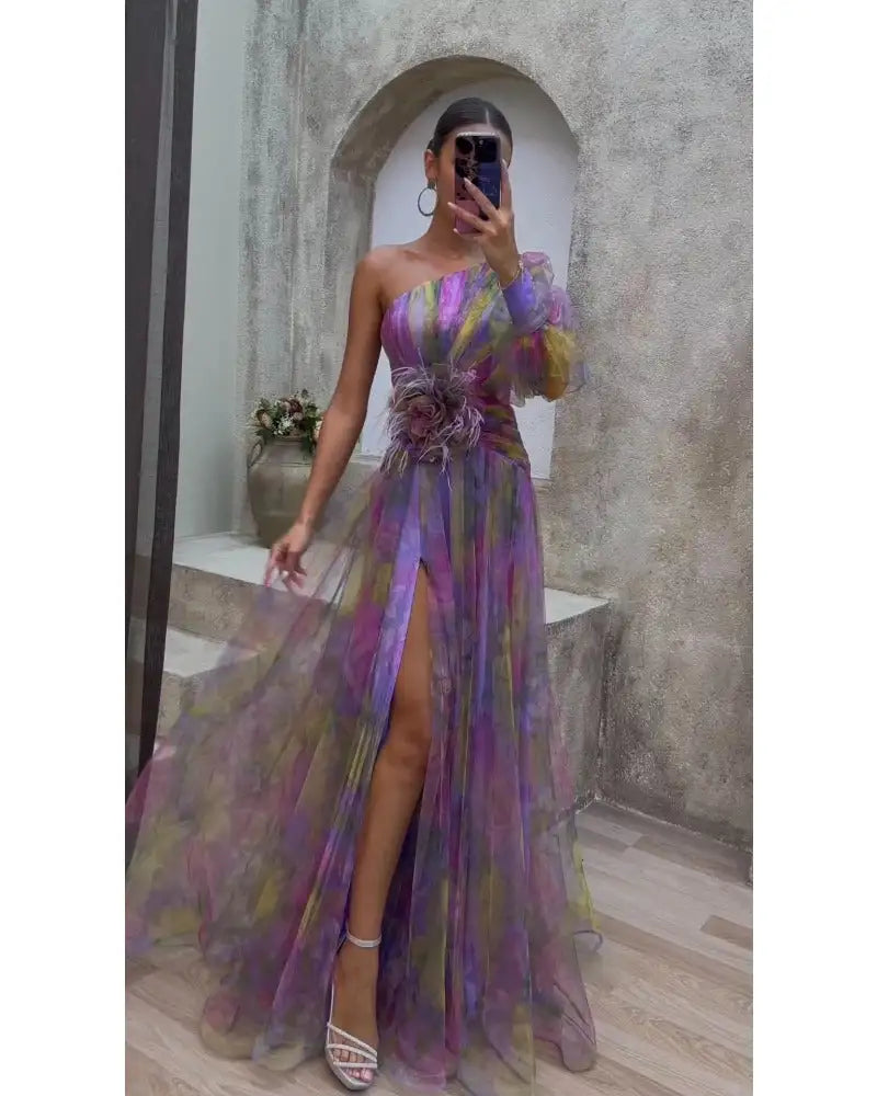 One Shoulder Long-Sleeved Floral Dress - Glide Goods LLC