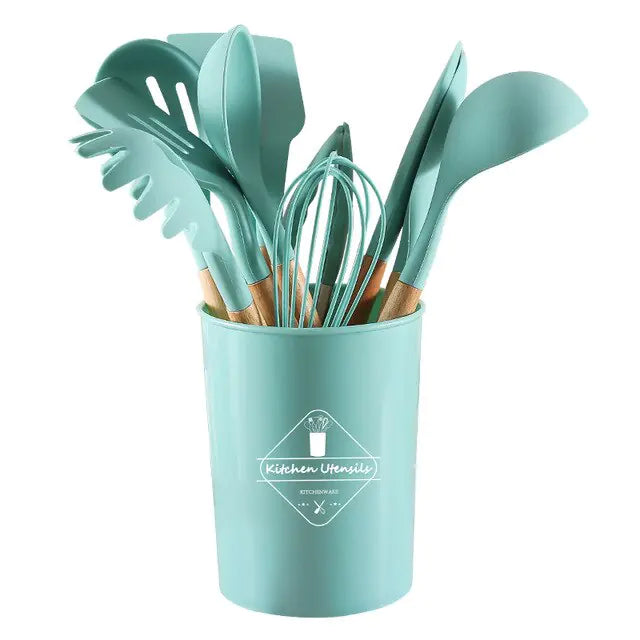 5/12pc Kitchen Utensil Set Wooden Handle - Glide Goods LLC