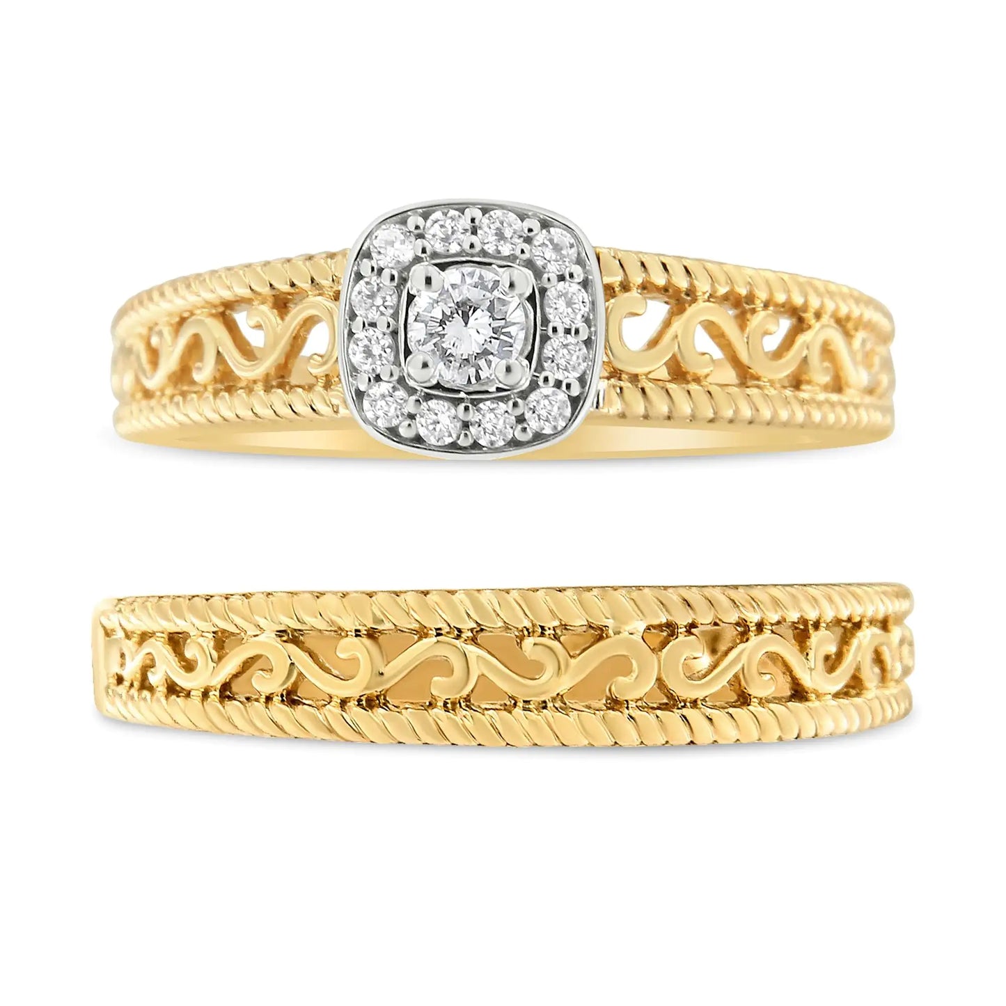 14K Yellow Gold Plated .925 Sterling Silver 1/5 Cttw Diamond Halo and Milgrain Finish Engagement Ring Bridal Set (I-J Color I3 Clarity) - Glide Goods LLC