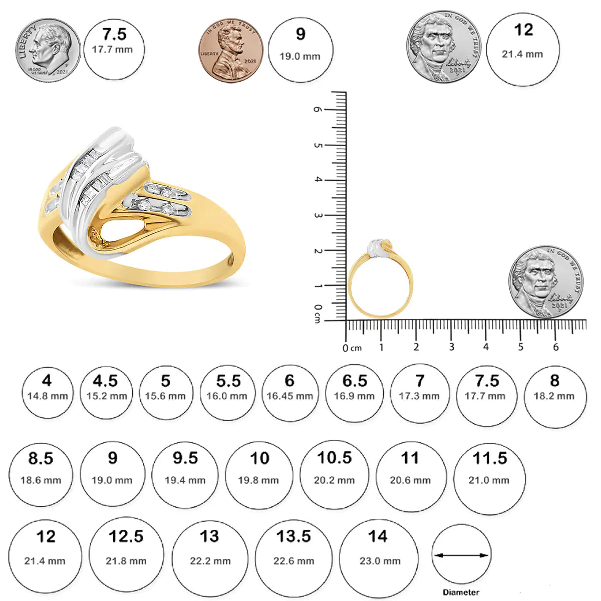 10K Yellow and White Gold 1/10 Cttw Baguette and Round-Cut Diamond Bypass Ring (I2 Color, H-I Clarity) - Glide Goods LLC