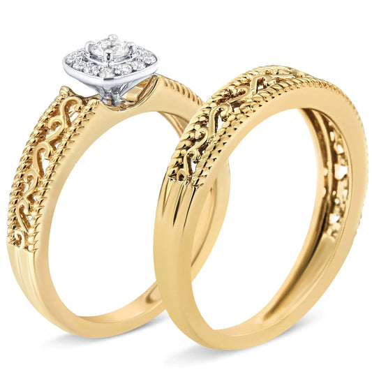 14K Yellow Gold Plated .925 Sterling Silver 1/5 Cttw Diamond Halo and Milgrain Finish Engagement Ring Bridal Set (I-J Color I3 Clarity) - Glide Goods LLC