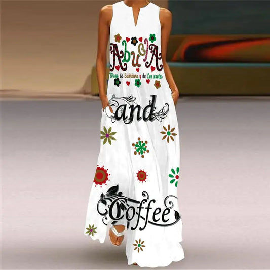 V-Neck Sleeveless Pocket Dress with Digital Print - Glide Goods LLC