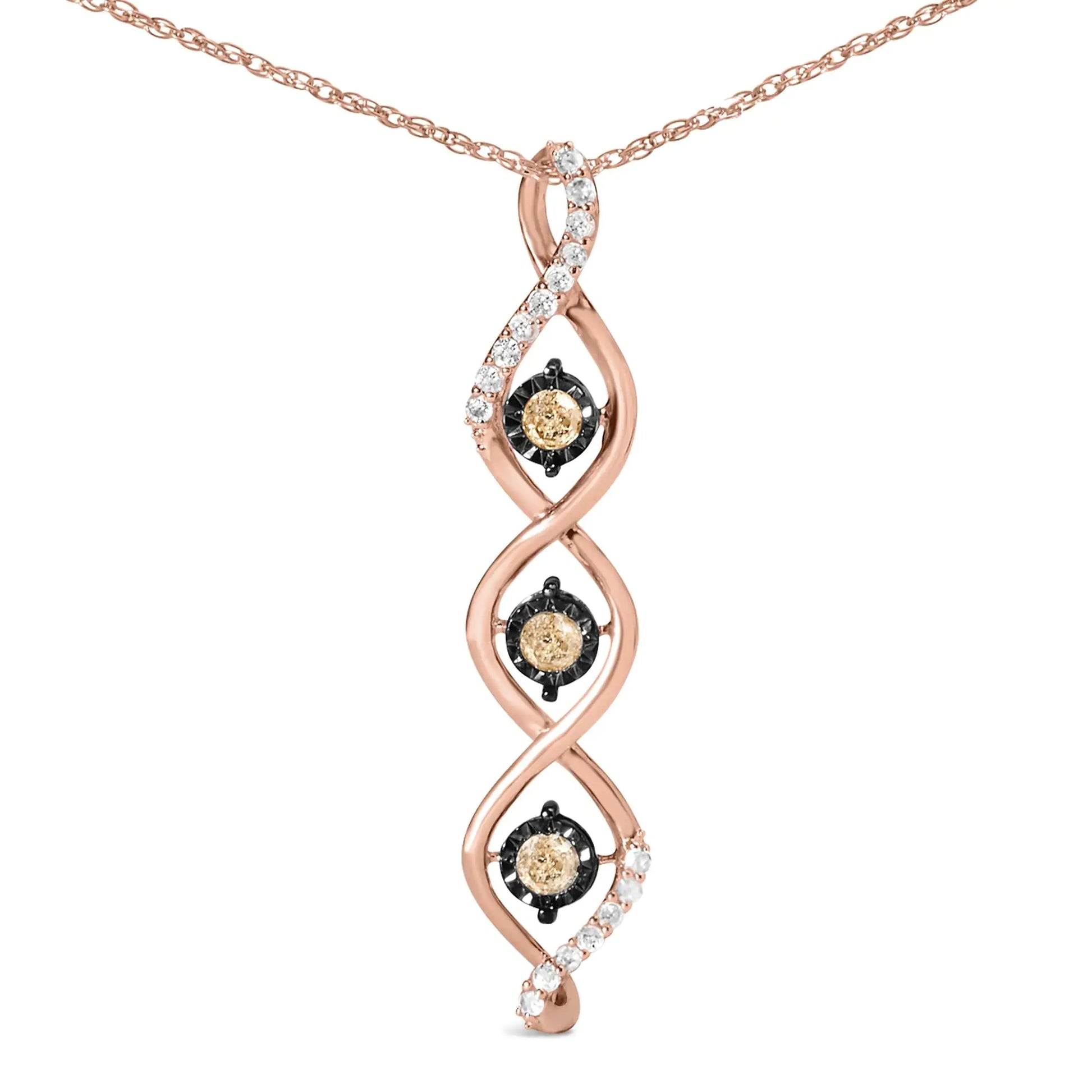 10K Two Toned Gold Plated .925 Sterling Silver 1/2 Cttw Round Diamond Twisted 18" Pendant Necklace (Champagne Color, I2-I3 Clarity) - Glide Goods LLC