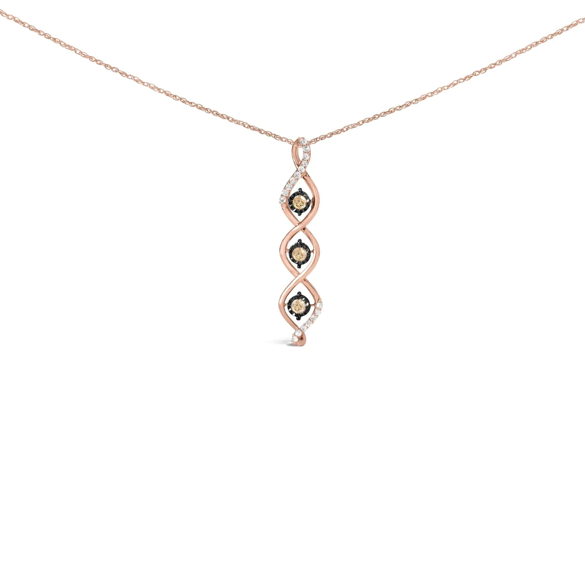 10K Two Toned Gold Plated .925 Sterling Silver 1/2 Cttw Round Diamond Twisted 18" Pendant Necklace (Champagne Color, I2-I3 Clarity) - Glide Goods LLC