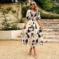 New V-neck Printed Short-sleeved Long Dress Summer Fashion Slim Seaside Vacation Beach Dresses For Women Clothing - Glide Goods LLC