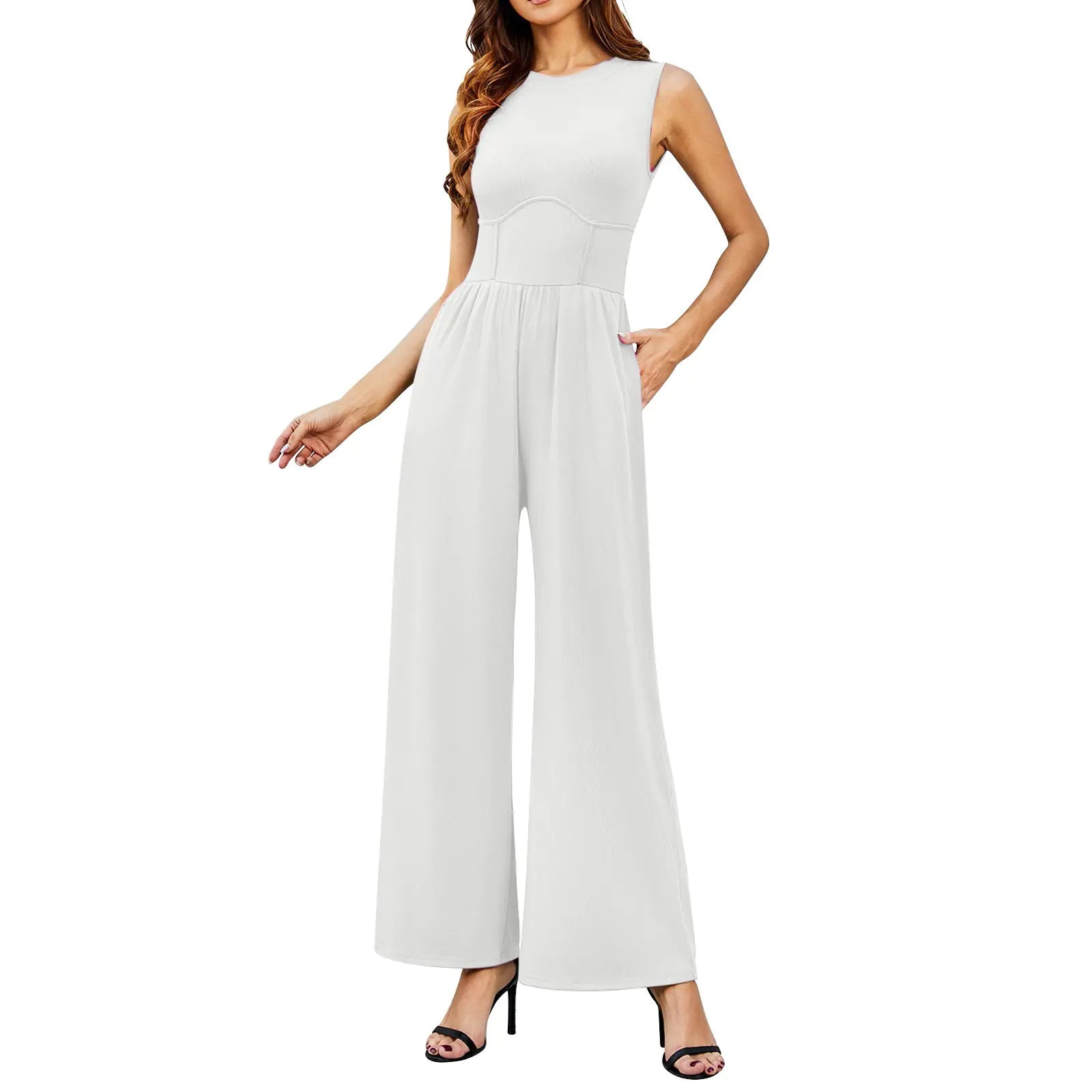 Women's Sleeveless Ribbed Jumpsuit with Wide Legs (One Piece) - Glide Goods LLC