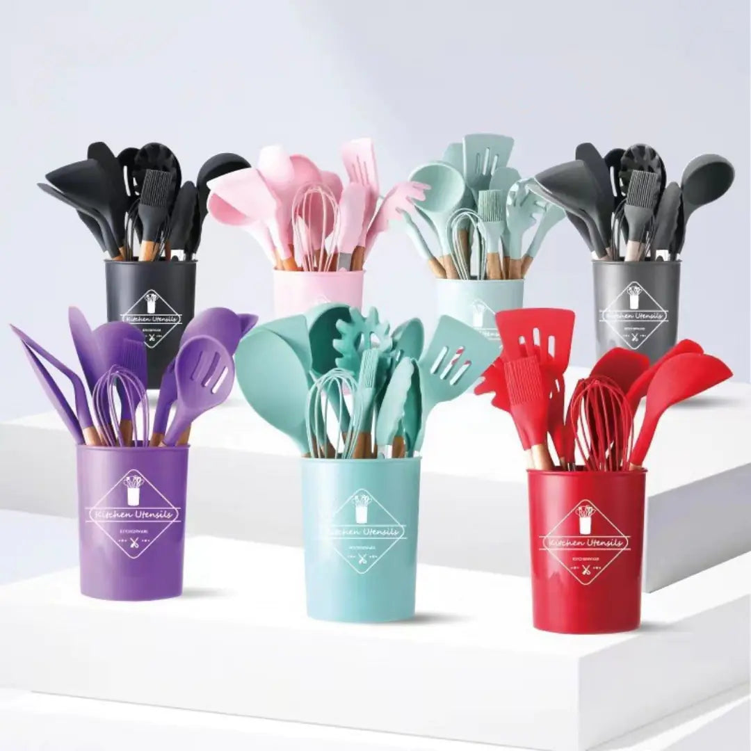 5/12pc Kitchen Utensil Set Wooden Handle - Glide Goods LLC