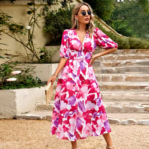 New V-neck Printed Short-sleeved Long Dress Summer Fashion Slim Seaside Vacation Beach Dresses For Women Clothing - Glide Goods LLC