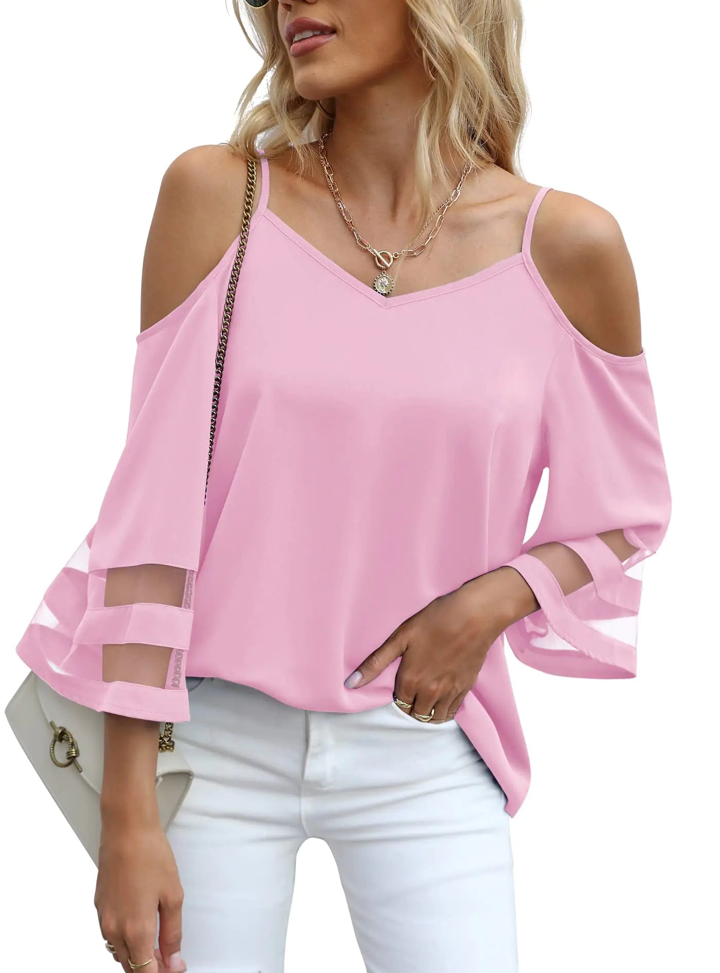 Jouica Cold Shoulder Tops for Women Womens Tops Dressy Casual Summer Tops for WomenLight PinkX-Large - Glide Goods LLC