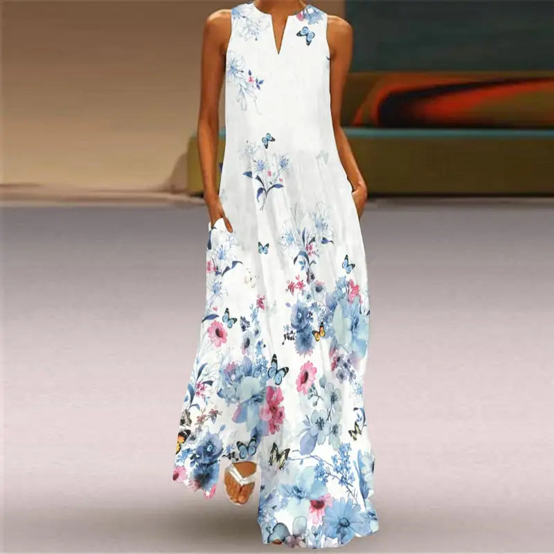 V-Neck Sleeveless Pocket Dress with Digital Print - Glide Goods LLC