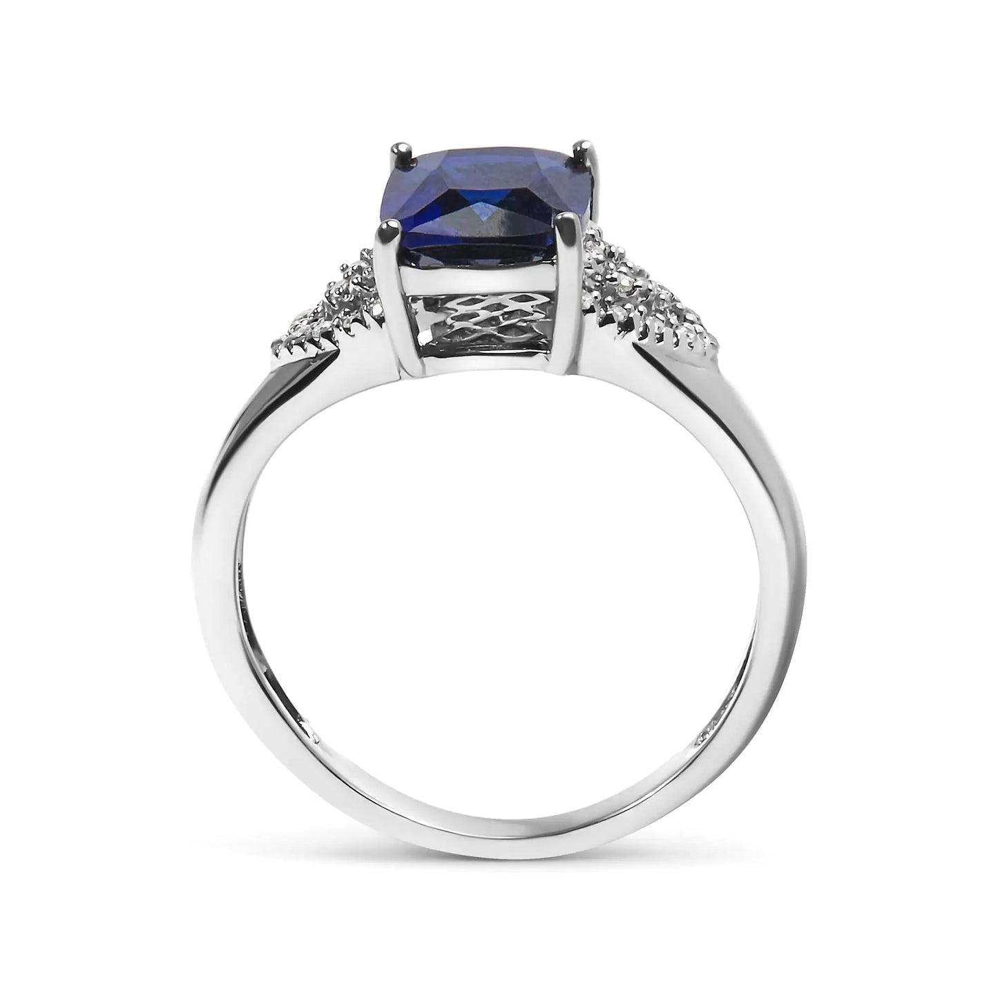.925 Sterling Silver 9X7 mm Cushion Cut Blue Sapphire and White Diamond Step up Engagement Ring (I-J Color, I3 Clarity) - Glide Goods LLC