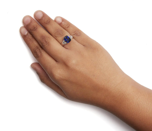.925 Sterling Silver 9X7 mm Cushion Cut Blue Sapphire and White Diamond Step up Engagement Ring (I-J Color, I3 Clarity) - Glide Goods LLC