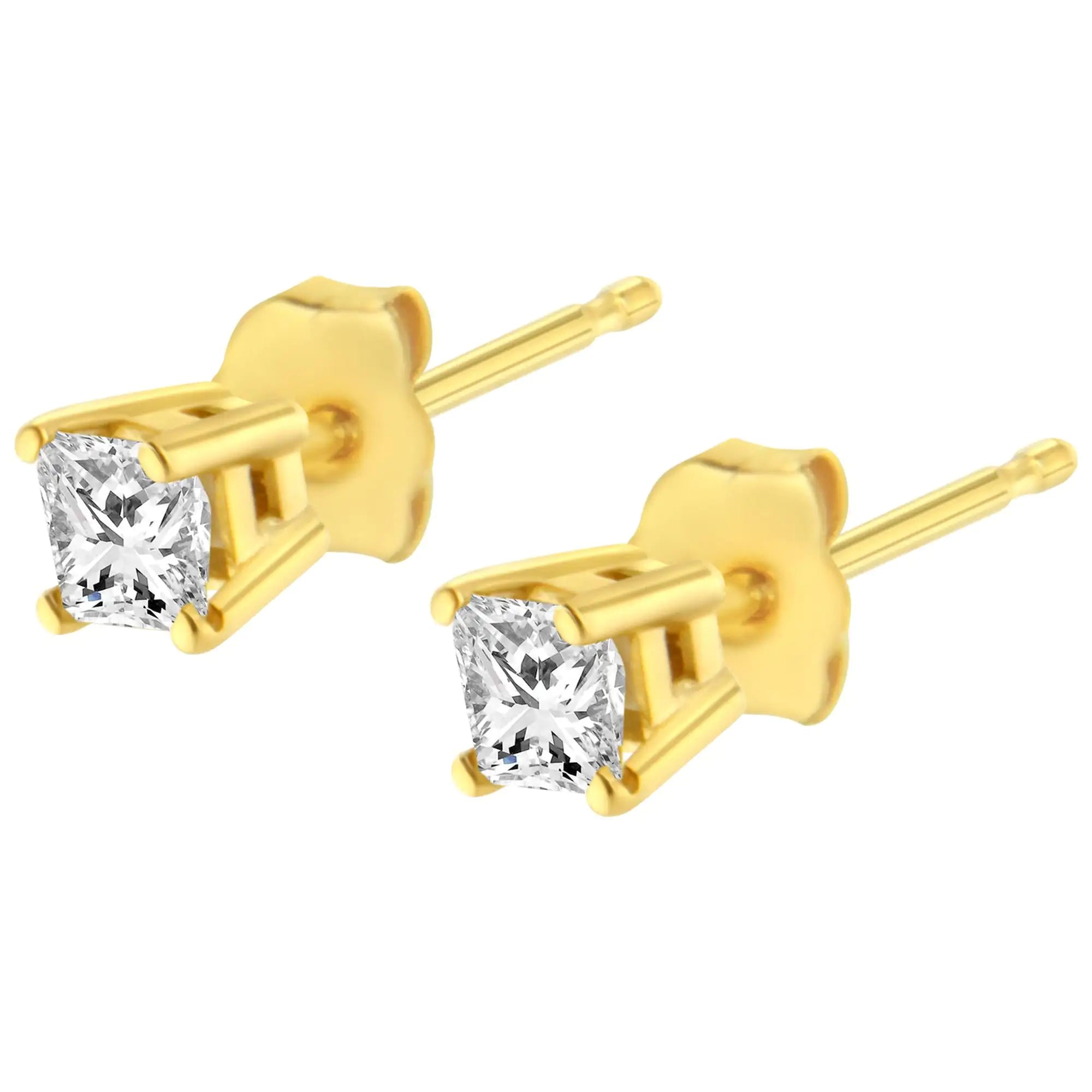 AGS Certified 14k Gold 4-Prong Set Princess-Cut Solitaire Diamond Push Back Stud Earrings (I-J Color, SI2-I1 Clarity)