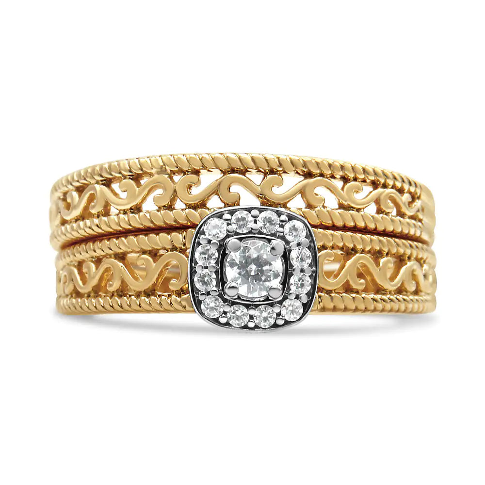 14K Yellow Gold Plated .925 Sterling Silver 1/5 Cttw Diamond Halo and Milgrain Finish Engagement Ring Bridal Set (I-J Color I3 Clarity) - Glide Goods LLC