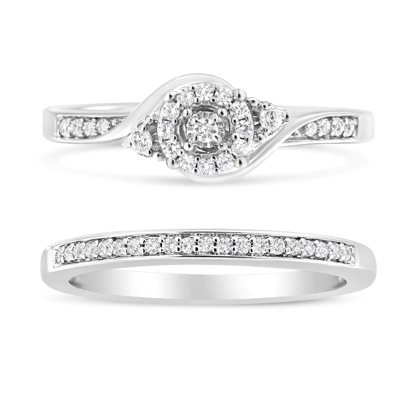 .925 Sterling Silver 1/4 Cttw Diamond Halo and Swirl Engagement Ring and Wedding Band Set (I-J Color, I3 Clarity) - Glide Goods LLC