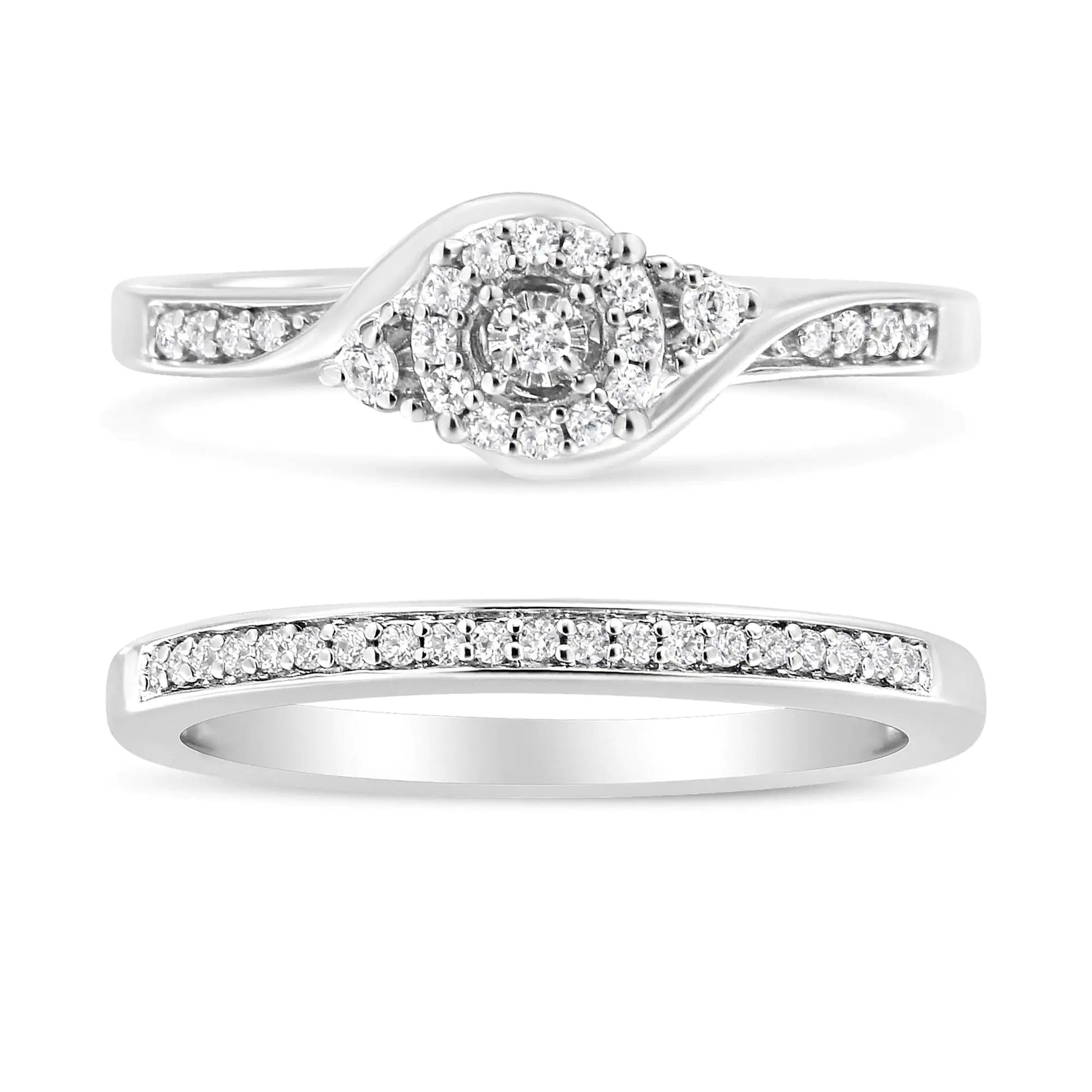 .925 Sterling Silver 1/4 Cttw Diamond Halo and Swirl Engagement Ring and Wedding Band Set (I-J Color, I3 Clarity) - Glide Goods LLC