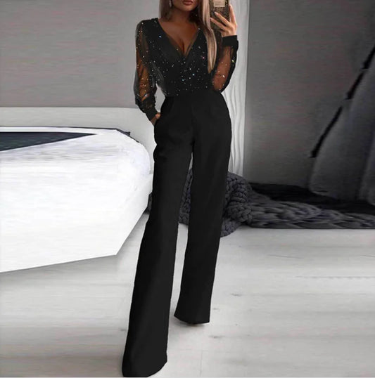 High-Waisted Slim Fit V-Neck Jumpsuit (One Piece) - Glide Goods LLC