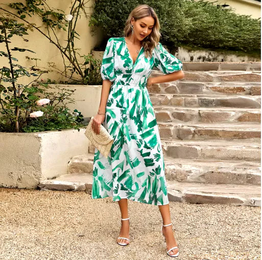 New V-neck Printed Short-sleeved Long Dress Summer Fashion Slim Seaside Vacation Beach Dresses For Women Clothing - Glide Goods LLC
