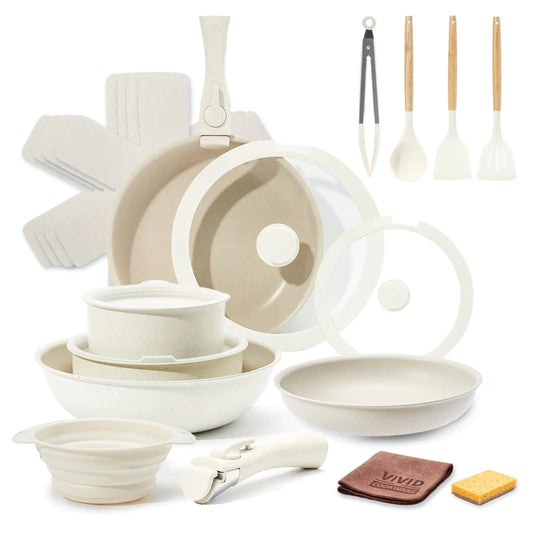 VIVIDCOOKWARE 22pcs Pots and Pans Set Non Stick Ceramic Cookware Set with Detachable Handle Pot Sets for Cooking Nonstick with Collapsible Dish Basin Oven Safe - Glide Goods LLC
