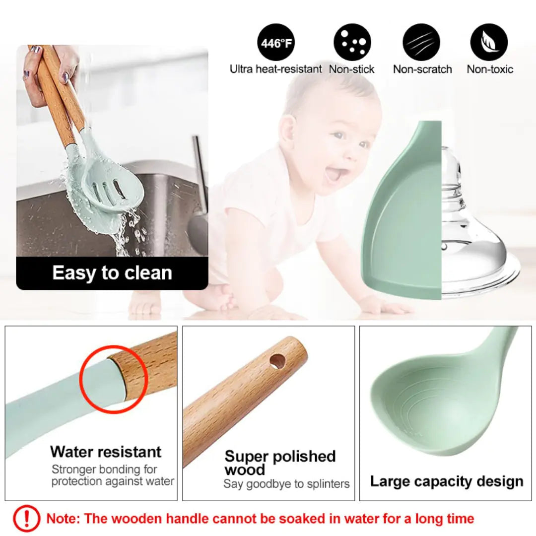 5/12pc Kitchen Utensil Set Wooden Handle - Glide Goods LLC